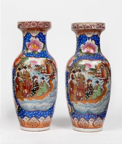 SATSUMA: A pair of twentieth century chinese satuma vases, 31cm high.