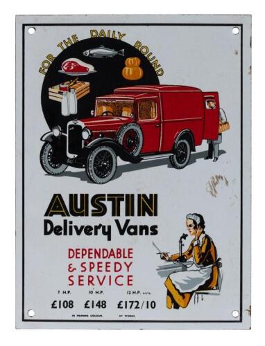 AUSTIN: A small reproduction enamel Austin Delivery Vans 'For The Daily Round' sign featuring Austin 7 van 19cm wide, 25.5cm high.