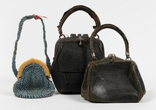BAGS: Three antique ladies bags including two small leather and one handmade woven bag with bakelite clasp