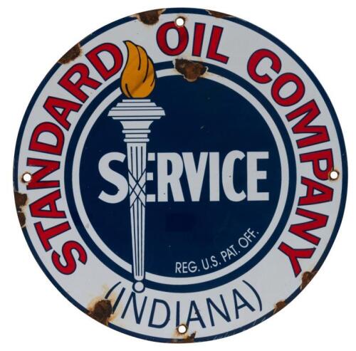 STANDARD: A reproduction round enamel 'Standard Oil Company' Indiana sign, 30cm diameter.