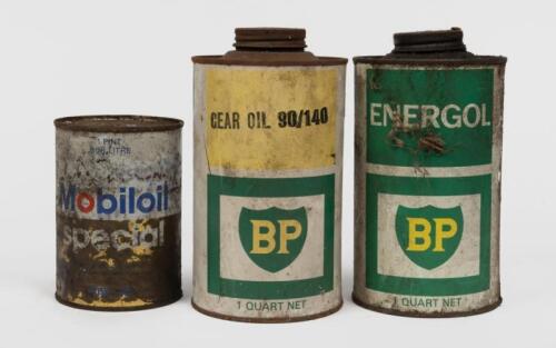 MOBIL/BP: Three oil tins including two 1 quart BP tins and one later Mobiloil special motor oil tin
