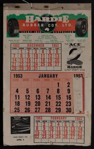 HARDIE: A original 1953 Hardie Rubber Coy. Ltd paper workshop calendar. Features ads from a variety of rubber products including tyres, shoes, hoses.
