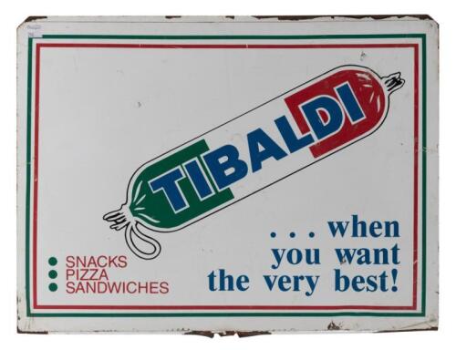 SIGN: A Tibaldi meats smallgoods double sided advertising sign 51cm wide, 38cm high.