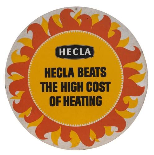 HECLA: A large round cardboard Hecla advertising sign 'Beats The High Cost of Heating' 73cm diameter.