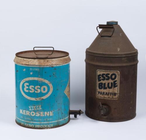 ESSO: Two Esso 'Blue Paraffin' oil tins including early drum with tap as well as later 20 litre drum also with tap