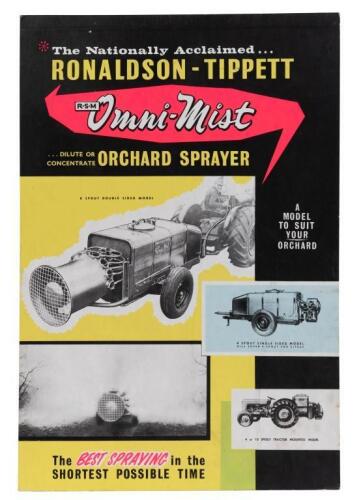 RONALDSON-TIPPETT: Two Ronaldson-Tippett posters including a colourful advertisement for the Ronaldson-Tippett 'R.S.M Omni-Mist' Orchard Sprayer mounted to board & Ronaldson Tippett engineering works illustrating each 24 department
