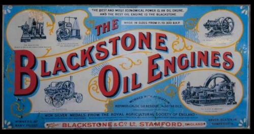AGRICULTURE: A small tin Ronaldson-Tippett 'Wisconsin Heavy Duty Engines' sign as well as reprinted Blackstone Oil Engines laminated poster.