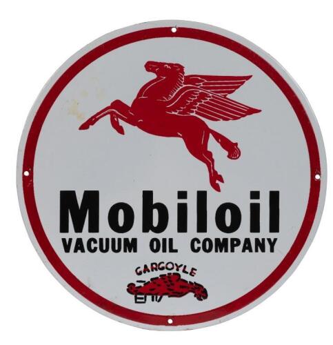 MOBILOIL: A reproduction round Mobiloil enamel sign featuring Pegasus and Gargoyle logo. 35.5cm diameter