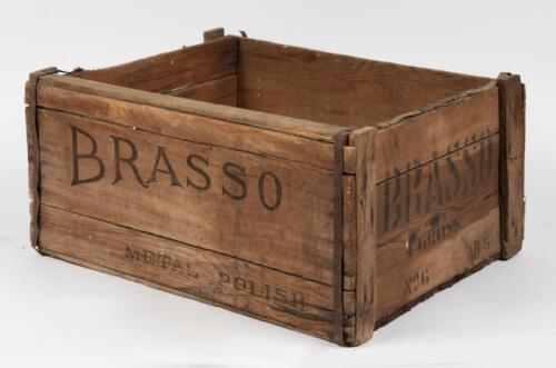 BRASSO: A large wood Brass metal polish box, 28cm high, 59cm wide, 48cm deep