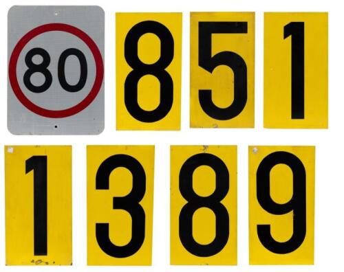 SERVICE STATION: A selection of seven double sided tin service station number signs and a '80 KPH' road sign