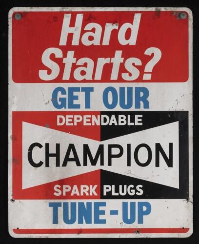 CHAMPION: A circa 1970s tin Champion advertising sign by Jefferies Signs, 76cm high x 61cm