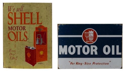 NEPTUNE & SHELL: Two modern reproduction tin signs including Shell Motor Oils 'Every Drop Tells' and Neptune Motor Oil 'For King-Size Protection.&nbsp;Largest 48.5cm wide, 51cm high.