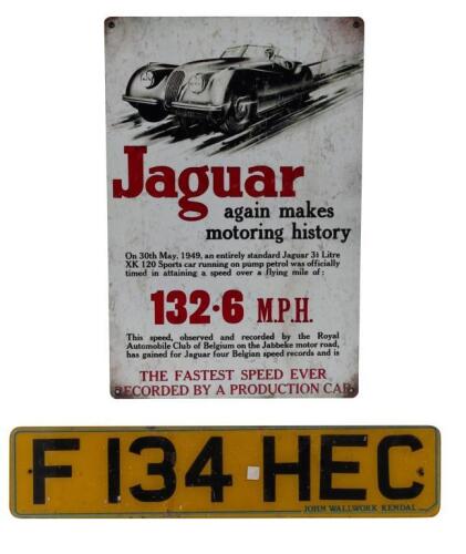 JAGUAR: A modern reproduction tin Jaguar XK120 sign together with a English John Wallwork Kendall number plate