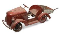 CYCLOPS: A prewar c1930s Cyclops Pedal truck with rear bucket attachment, red with orange pinstriping, chain driven.