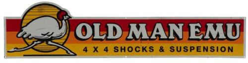 OLD MAN EMU: A long tin 'Old Man Emu' 4x4 Shocks & Suspension sign featuring a trotting emu. 140cm wide, 33cm high.