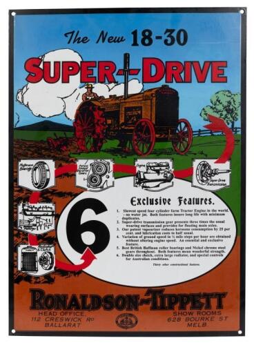 RONALDSON-TIPPETT: A high quality reproduction enamel sign for Ronaldson-Tippett&nbsp;'18-30 Super Drive' tractors. 50cm wide, 69cm high.