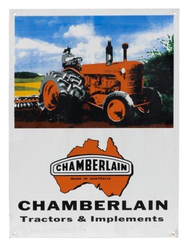 CHAMBERLAIN: A high quality reproduction enamel sign for Chamberlain tractors Australia featuring a Chamberlain Super 70. 50.5cm wide, 68.5cm high.