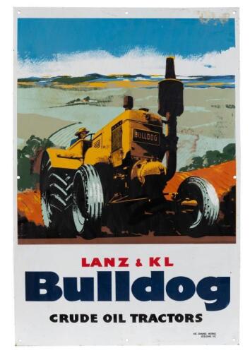 LANZ BULLDOG: A large high quality reproduction enamel sign for Lanz & KL Bulldog Crude Oil Tractors. 61cm wide, 91.5cm high