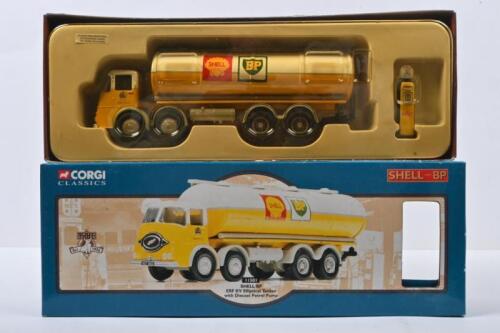 SHELL/BP: A Limited Edition 1:50 scale CORGI CLASSICS ERF KV Elliptical Tanker with Diecast Petrol Pump (11501). Yellow/white 'SHELL/BP' livery. Numbered '02725' of 5,000 produced