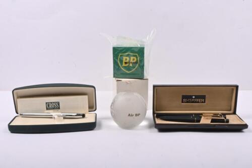 BP: A collection of stationery items. Items with 'BP' corporate logo. 'Air BP' frosted glass globe paper weight & 'air bp' calligraphy pen