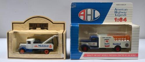 MOBIL: Two scale models with 'Mobiloil' liveries. 1:64 AHL Peterbilt 260 (L03052) & Lledo 'DAYS - GONE' 1934 Mac Breakdown Truck (27003)
