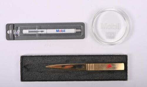 MOBIL: Three stationery items with 'Mobil' corporate logos. Letter opener, pen & paper weight