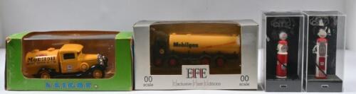 MOBILGAS: Four die cast items, all with 'Mobilgas' and 'Mobiloil' liveries. EFE 00 scale A.E.C. MAMMOTH, 1:43 scale ELIGOR Ford V8 1934 & two CITY TOKHEIM 850 and 36-B 'MOBIL' fuel bowsers