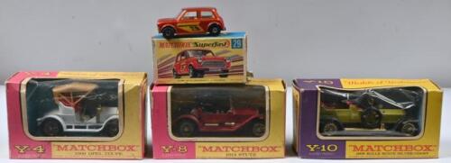 MATCHBOX: Four 1960's/1970's Matchbox diecast cars. Models of Yesteryear & Matchbox Superfast models