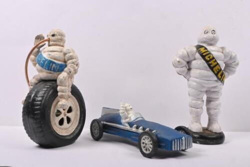 MICHELIN: A lot of three reproduction cast Michelin items including reproduction hubley Michelin racing car, standing bib and seated bibendum on tyre