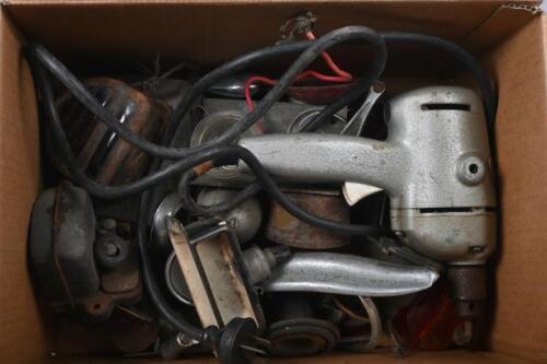 BRITISH PARTS: A box lot of vintage British parts including various lenses and lights as well as a Black & Decker tool