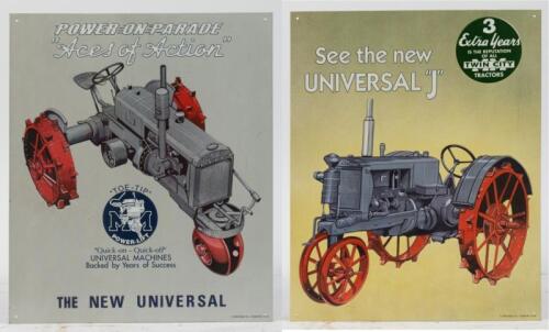 MM TRACTORS: Two modern reproduction Minneapolis Moline tractors tin signs&nbsp;printed by AAA Sign Co., Coitsville