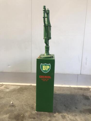 BP: A restored highboy oil pump in BP 'Energol' SAE 30 livery. Complete with hand wind pump