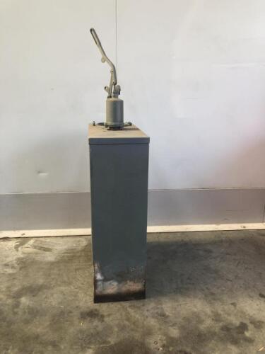 HIGHBOY: A highboy oil pump, in progress of restoration, includes pump, strainer and measuring dipstick. Finished in primer.