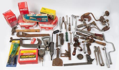 TOOLS: A box lot of assorted tools and parts including vintage hand tools such as hand driven drills, spanners, pliers and a small selection of NOS Ryco filters.