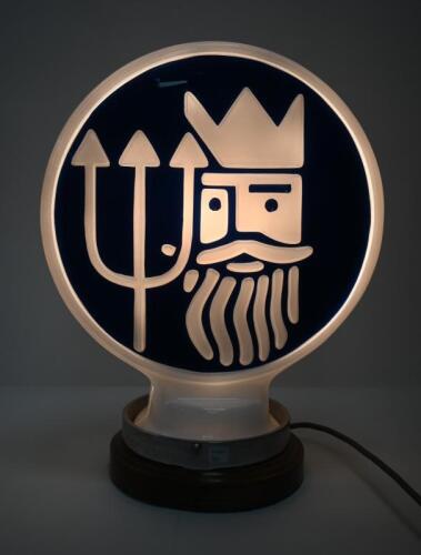 NEPTUNE: A acrylic light up Neptune petrol pump globe mounted to a polished timber base