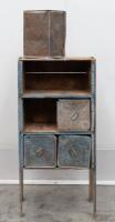 DEPRESSION CHEST: A depression storage chest, made of Shell 'Motor Spirit' and 'ATLANTIC UNION' oil tin cans as drawers; chest measures 116cm high, 53.5cm wide, 37cm deep. - 2