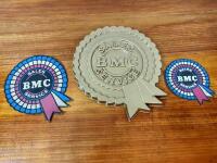 BMC: Three 'BMC Sales and Service' period rosettes, two in card and larger in plastic, 30cm wide largest