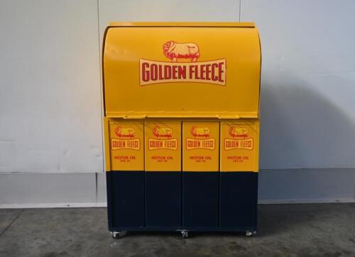 GOLDEN FLEECE: A rare restored Golden Fleece service oil dispenser with bread box style cover, containing four highboys.
