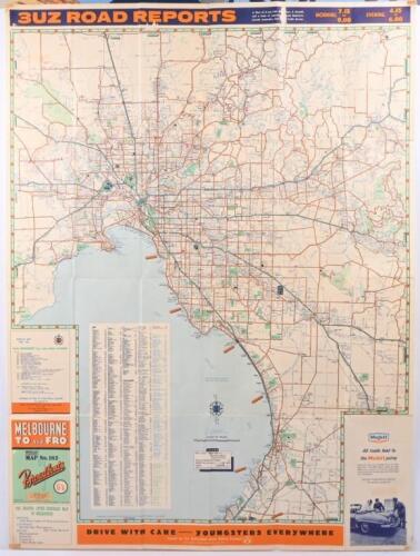 BROADBENTS: A c1950s large colour printed folding Broadbent's 'Offical Copyright Map No.182 - 'Melbourne To and Fro', featuring Mobil Oil Advertising, 73.5cm wide, 99cm high unfolded.&nbsp;