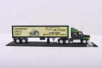 PETERBILT: A MATCHBOX 1:100 scale Peterbilt cab and trailer in 'HARLEY-DAVIDSON' livery (CCY02/HA-M). Featuring the original advertisement announcing the 1957 Harley-Davidson Sportster - 2