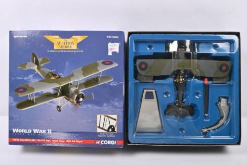 HAWKER: A CORGI 1:72 scale Fairey Swordfish MkI, No.810 Sqn., Royal Navy, HMS Ark Royal (AA36301), 'Sinking the Bismarck', 27 May 1941 - 'WORLD WAR II - FLEET AIR ARM' aircraft model