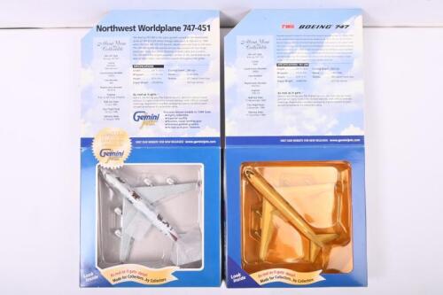 BOEING: Two 1:400 scale Boeing Gemini Jets diecast models. Boeing 747 in 'TWA' livery & Limited Edition Boeing 747-451 in 'Northwest Worldplane' livery