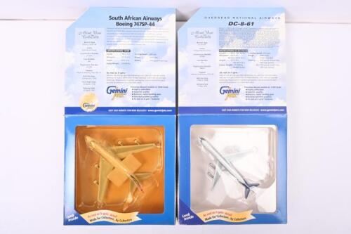 BOEING/MCDONNELL DOUGLAS: Two 1:400 scale Boeing and McDonnell Douglas Gemini Jets diecast models. DC-8-61 in 'OVERSEAS NATIONAL AIRWAYS' livery & Limited Edition Boeing 747SP-44 in 'South African Airways' livery