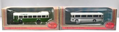 ENGLISH BUSES: Two Exclusive First Editions 1:76 scale bus models. Leyland National MKI Long bus in 'GREEN LINE N B C' livery (17304) & Bristol RELH Coach bus in ROYAL BLUE livery (32305)