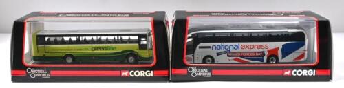 ENGLISH BUS LINES: Two Limited Edition 1:76 scale CORGI 'THE ORIGINAL OMNIBUS' bus models. VAN HOOL ALIZEE (OM42704) in 'GREENLINE' livery & Caetano Levante National Express 'Union Flag British Armed Forces Day' (OM46404A) bus