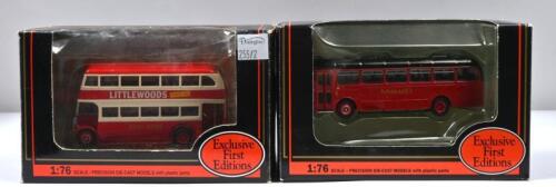 ENGLISH BUSES: Two Exclusive First Editions 1:76 scale bus models. Leyland PD1 Lowbridge` bus in 'EAST KENT' livery (15802) & BET Willowbrook Bus, Leyland Leopard in MIDLAND RED livery (27102)
