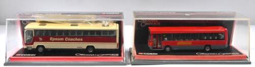 ENGLISH BUS LINES: Two Limited Edition 1:76 scale CORGI 'THE ORIGINAL OMNIBUS' bus models. Plaxton Premiere (43307) bus in 'EPSOM COACHES' livery, L.E '2997'/5000