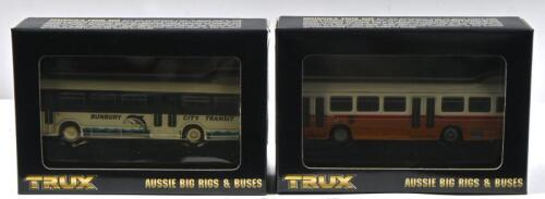 LEYLAND: Two 1:76 scale TRUX 'AUSSIE BIG RIGS & BUSES' Leyland bus models. 1972 Leyland National 11.3 (TX11D) in 'BUNBURY CITY TRANSIT' dolphin livery & 1975 LEYLAND NATIONAL 10.3 (TX11C) in Metropolitan Transport Trust, Hobart livery