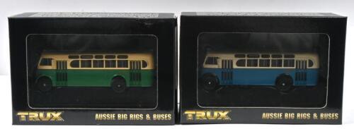 LEYLAND: Two 1:76 scale TRUX 'AUSSIE BIG RIGS & BUSES' AEC 1952 LEYLAND TIGER OPS2 SINGLE DECK BUS models. TX7 in blue/cream Sydney Route 487 livery & TX7B in Route 409, Rookwood livery