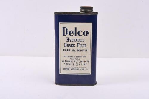 GMH: A c1950s&nbsp;General Motors Holden Delco/Nasco Hydraulic Brake Fluid 1 imperial pint tin, suited to FE, FC, FB